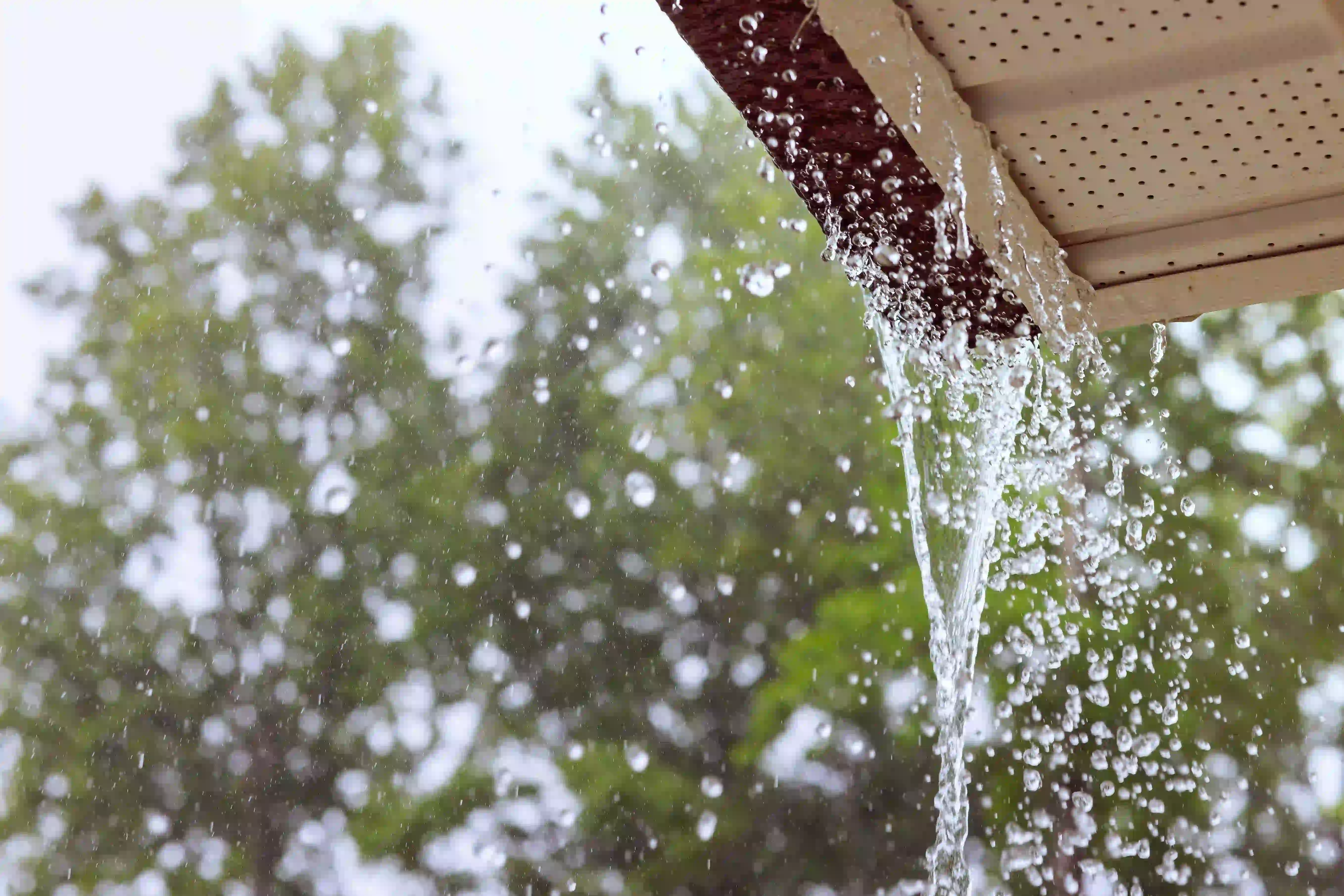 Rain water flowing off a roof gutter Massachusetts home